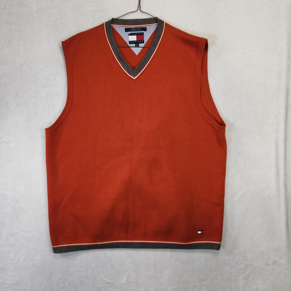 Tommy Hilfiger Mens XXL‎ Burnt Orange Cotton V-Neck Sweater Vest Tipped Trim